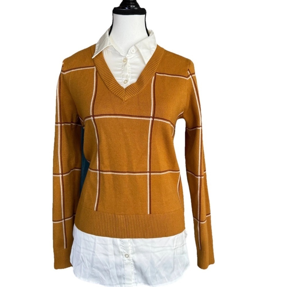 JNY Jones New York Blouse And Sweater V-Neck White Brown Gold Women's S Preppy